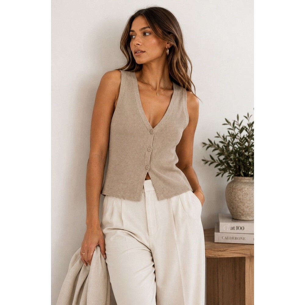Sincerely Jules Beige Ribbed V-Neck Buttoned Knit Vest - Picture 1 of 7
